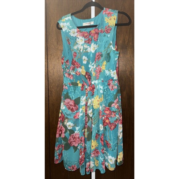 Evan Picone Lined Side Zip Dress Floral Teal Pockets Gathered Waist Size 14 - Picture 1 of 10